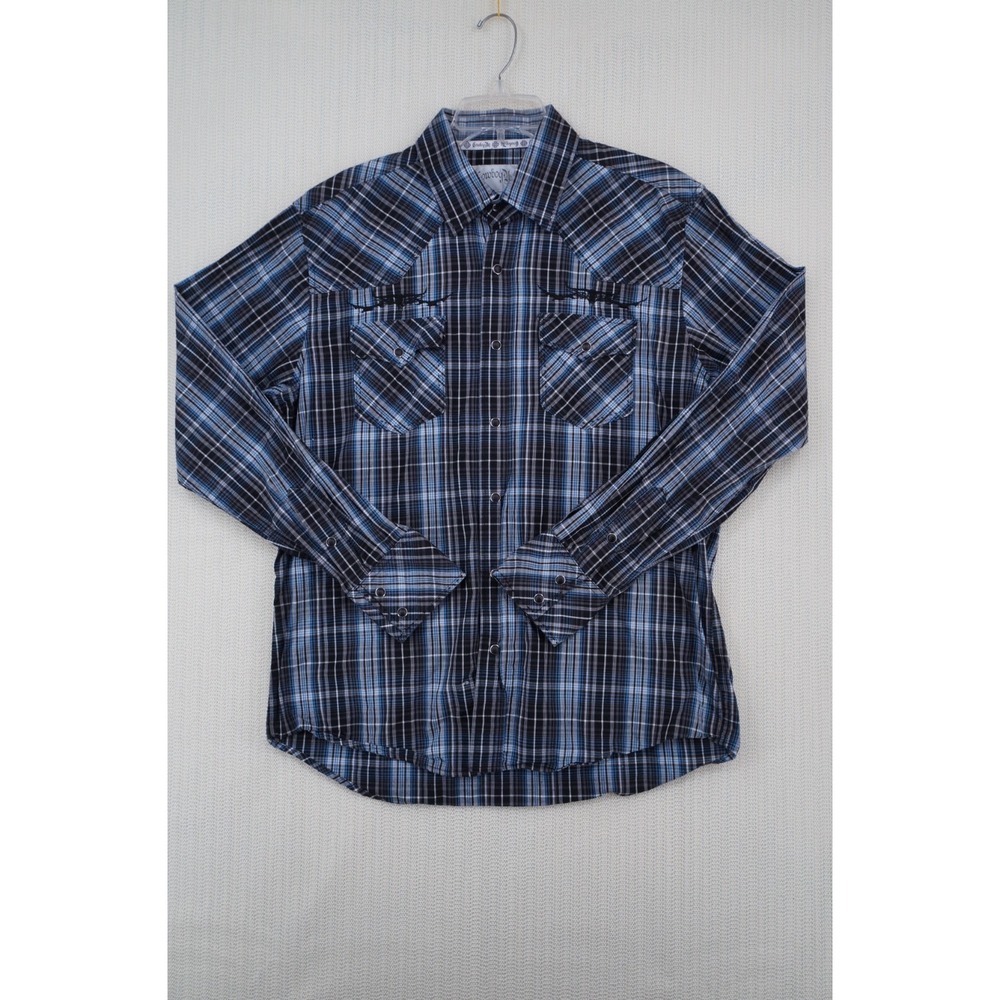 Cowboy Up Pearl Snap Shirt Mens Large Blue Black Plaid Long Sleeve Standard Fit